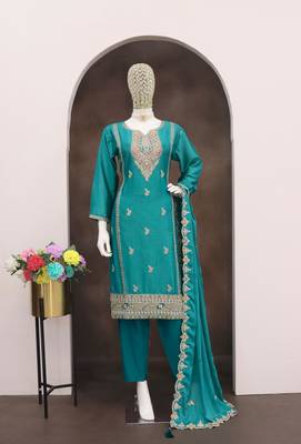 Turquoise heavy chinon reaymade suit with embroidered sequin  2