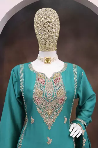 Turquoise heavy chinon reaymade suit with embroidered sequin 