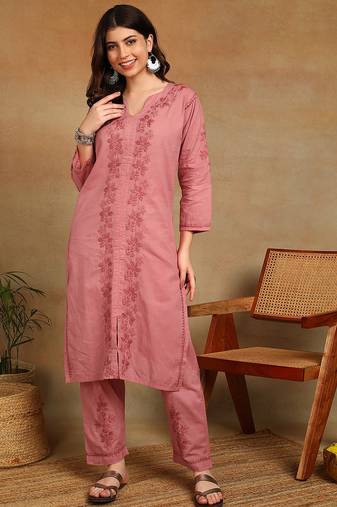 women's hand embroidered rose pink floral chikankari front slit straight pure cotton kurta with palazzo