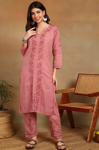 women's hand embroidered rose pink floral chikankari front slit straight pure cotton kurta with palazzo