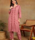 women's hand embroidered rose pink floral chikankari front slit straight pure cotton kurta with palazzo