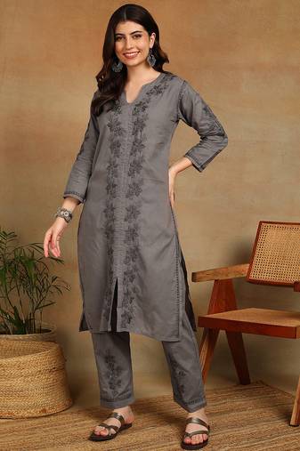 women's hand embroidered grey floral chikankari front slit straight pure cotton kurta with palazzo