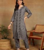 women's hand embroidered grey floral chikankari front slit straight pure cotton kurta with palazzo