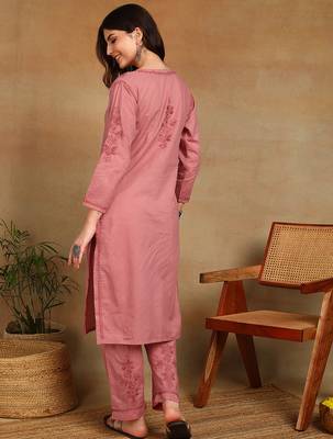 women's hand embroidered rose pink floral chikankari front slit straight pure cotton kurta with palazzo 2