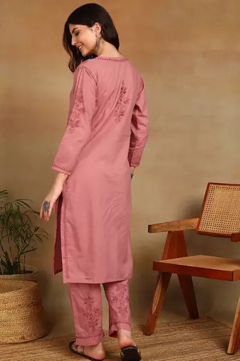 women's hand embroidered rose pink floral chikankari front slit straight pure cotton kurta with palazzo