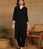 women's hand embroidered black floral chikankari front slit straight pure cotton kurta with palazzo