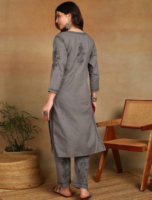 women's hand embroidered grey floral chikankari front slit straight pure cotton kurta with palazzo 2