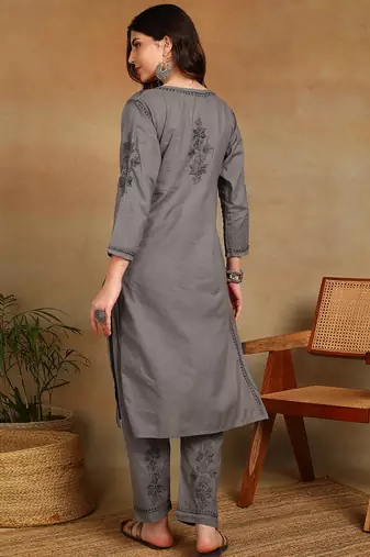 women's hand embroidered grey floral chikankari front slit straight pure cotton kurta with palazzo