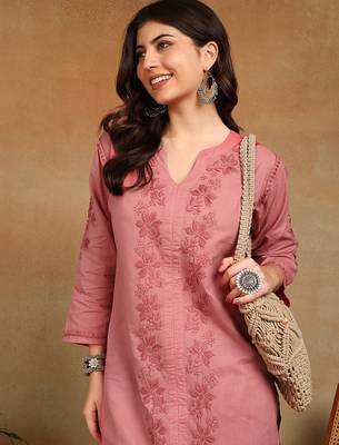 women's hand embroidered rose pink floral chikankari front slit straight pure cotton kurta with palazzo 3