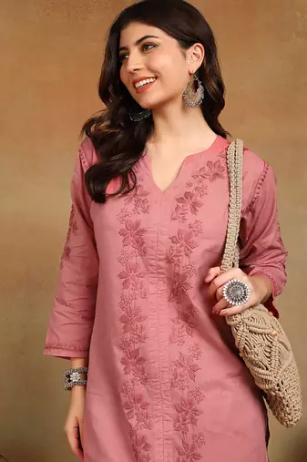 women's hand embroidered rose pink floral chikankari front slit straight pure cotton kurta with palazzo
