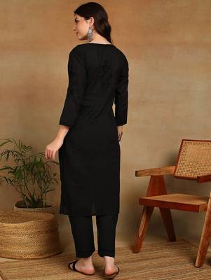 women's hand embroidered black floral chikankari front slit straight cotton kurta with palazzo 2