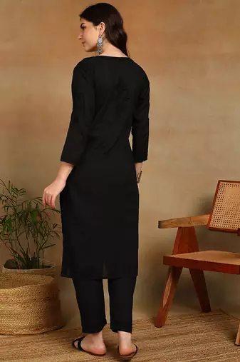 women's hand embroidered black floral chikankari front slit straight cotton kurta with palazzo