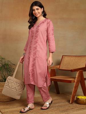 women's hand embroidered rose pink floral chikankari front slit straight pure cotton kurta with palazzo 4