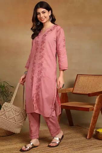 women's hand embroidered rose pink floral chikankari front slit straight pure cotton kurta with palazzo