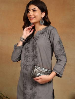 women's hand embroidered grey floral chikankari front slit straight pure cotton kurta with palazzo 3