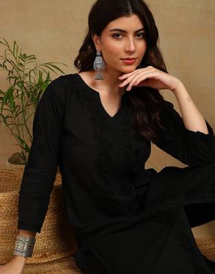 women's hand embroidered black floral chikankari front slit straight cotton kurta with palazzo 3