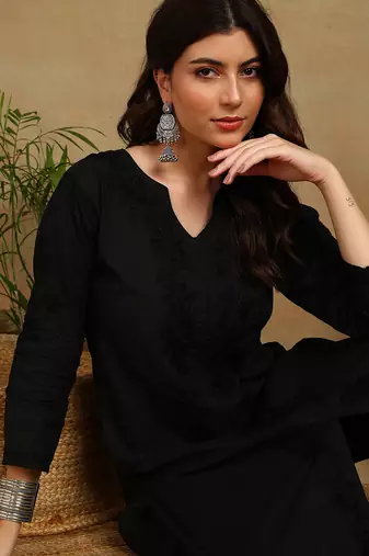 women's hand embroidered black floral chikankari front slit straight cotton kurta with palazzo
