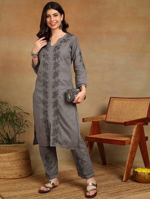 women's hand embroidered grey floral chikankari front slit straight pure cotton kurta with palazzo 4