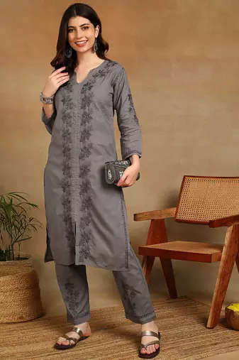 women's hand embroidered grey floral chikankari front slit straight pure cotton kurta with palazzo