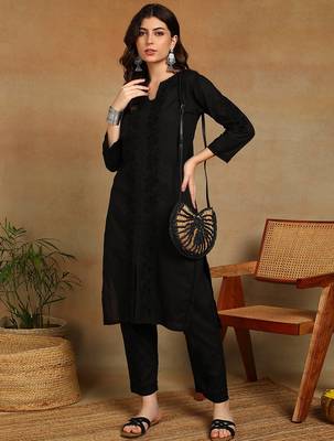 women's hand embroidered black floral chikankari front slit straight cotton kurta with palazzo 4