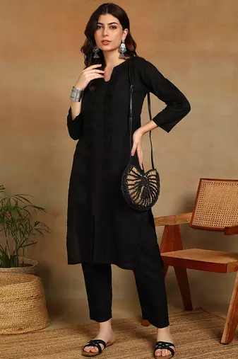 women's hand embroidered black floral chikankari front slit straight cotton kurta with palazzo