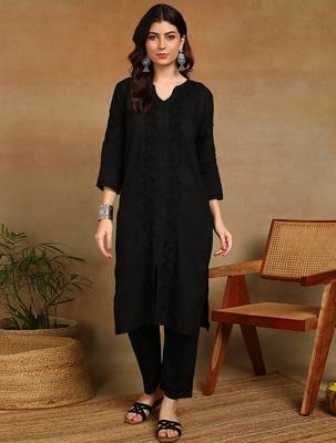 women's hand embroidered black floral chikankari front slit straight cotton kurta with palazzo 5