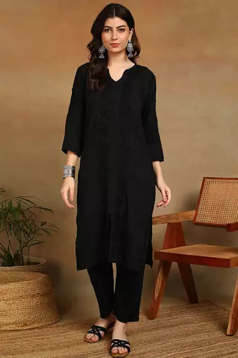 women's hand embroidered black floral chikankari front slit straight cotton kurta with palazzo