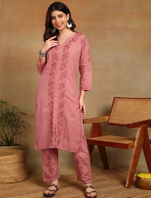 women's hand embroidered rose pink floral chikankari front slit straight pure cotton kurta with palazzo 5