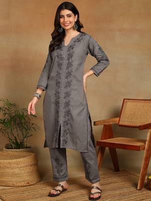women's hand embroidered grey floral chikankari front slit straight pure cotton kurta with palazzo 5