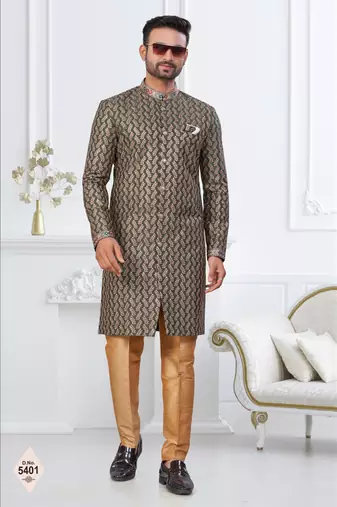 Green silk blend embroidered sherwani set