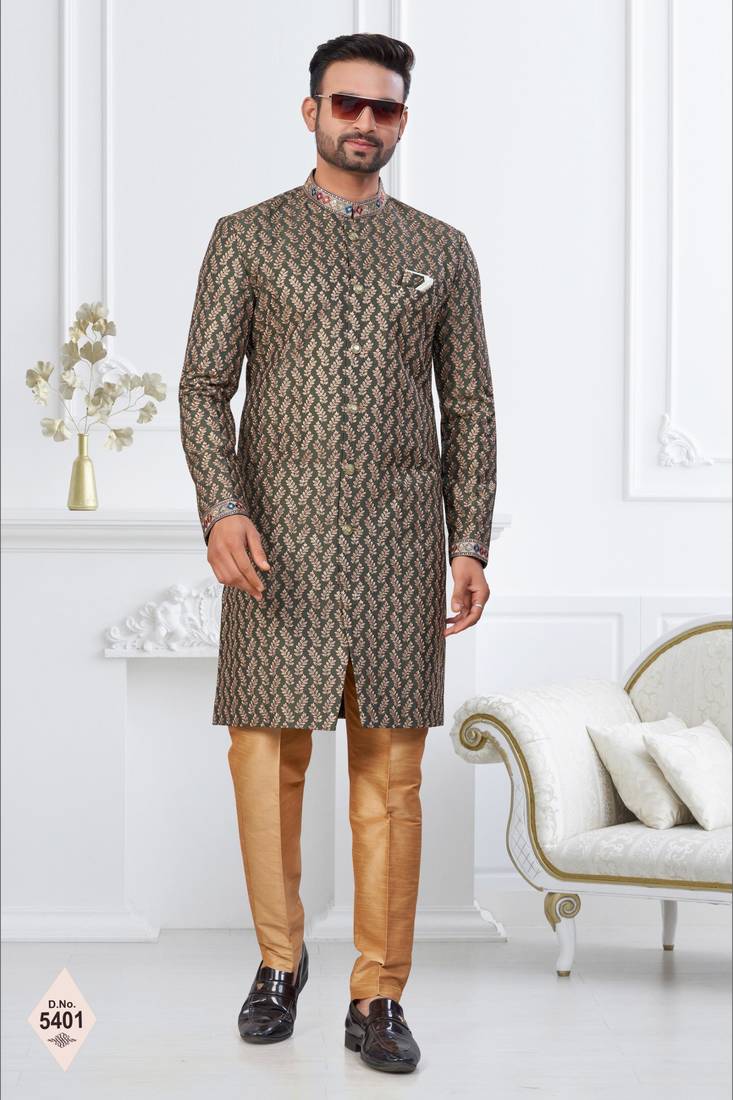 Green silk blend embroidered sherwani set