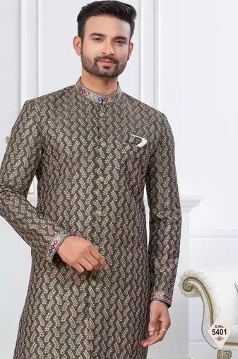Green silk blend embroidered sherwani set