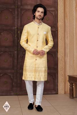 Yellow silk blend embroidered sherwani set 1