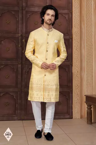 Yellow silk blend embroidered sherwani set