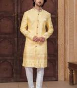 Yellow silk blend embroidered sherwani set