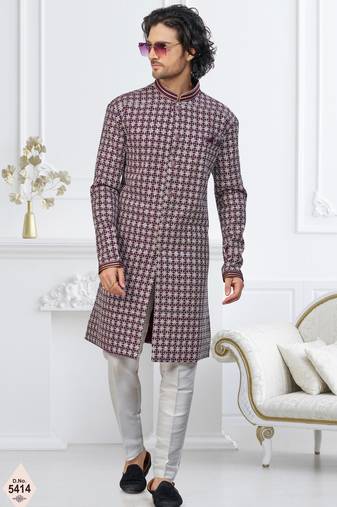 Wine faux jacquard embroidered sherwani set