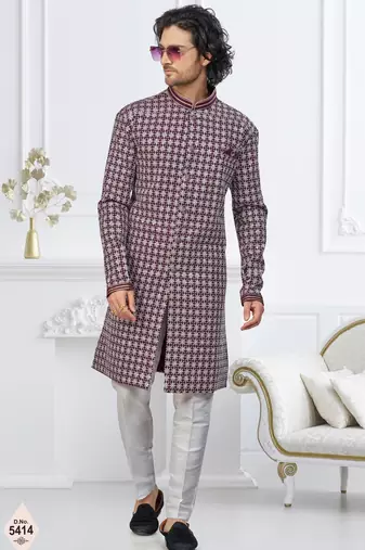 Wine faux jacquard embroidered sherwani set