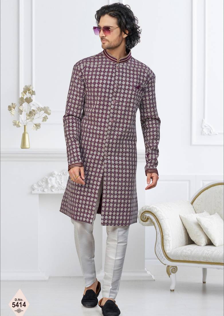 Wine faux jacquard embroidered sherwani set
