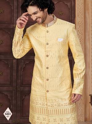 Yellow silk blend embroidered sherwani set 2