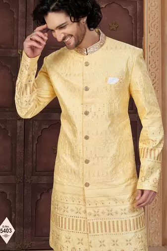 Yellow silk blend embroidered sherwani set