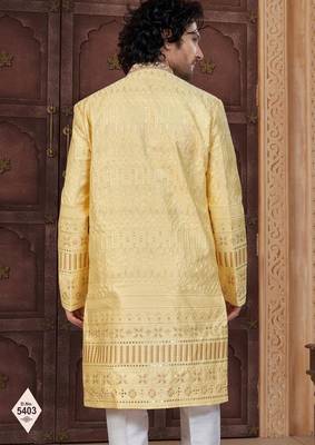 Yellow silk blend embroidered sherwani set 3