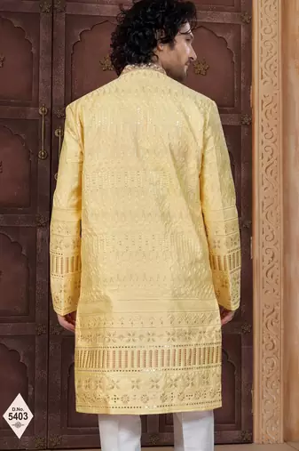 Yellow silk blend embroidered sherwani set