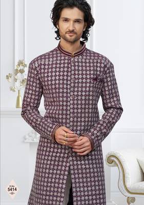 Wine faux jacquard embroidered sherwani set 2