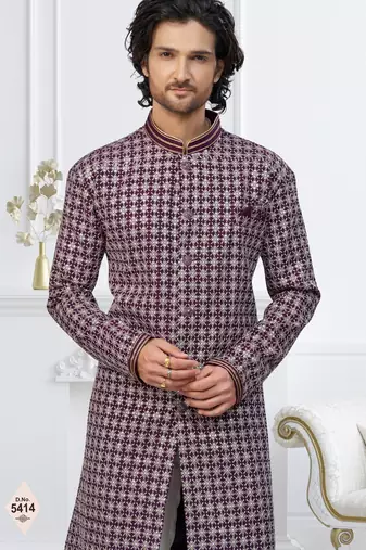 Wine faux jacquard embroidered sherwani set