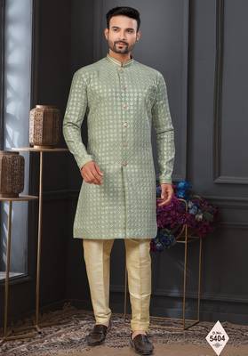 Green faux jacquard embroidered sherwani set 1
