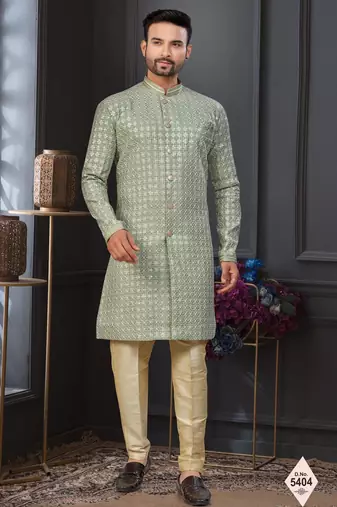Green faux jacquard embroidered sherwani set