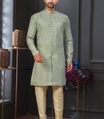 Green faux jacquard embroidered sherwani set