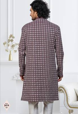 Wine faux jacquard embroidered sherwani set 3