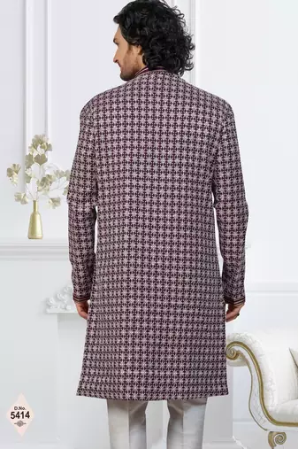 Wine faux jacquard embroidered sherwani set