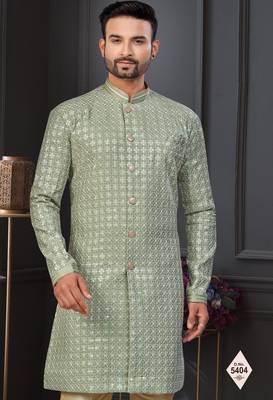 Green faux jacquard embroidered sherwani set 2